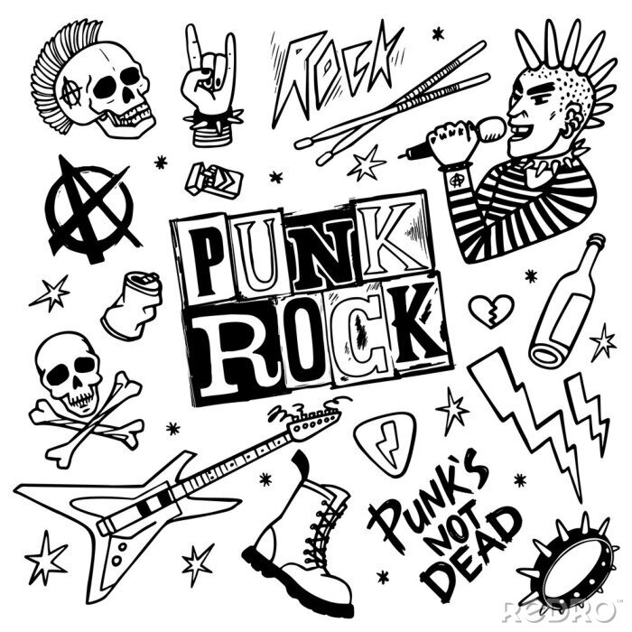 Sticker  Punk rock set. Punks not dead words and design elements. vector illustration.