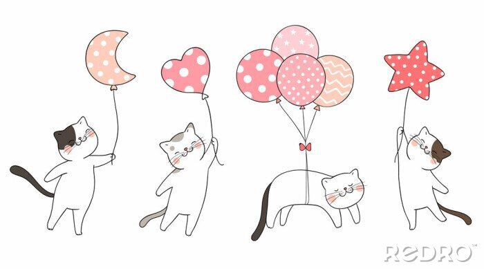 Sticker  Quatre chats blancs avec des ballons