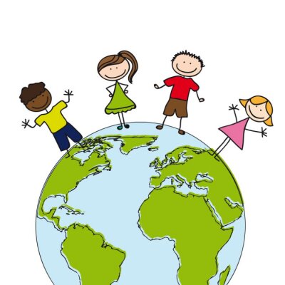 Sticker  Quatre enfants debout sur le globe terrestre