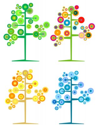 Sticker  Quatre illustrations colorées de graphiques d'arbres minimalistes