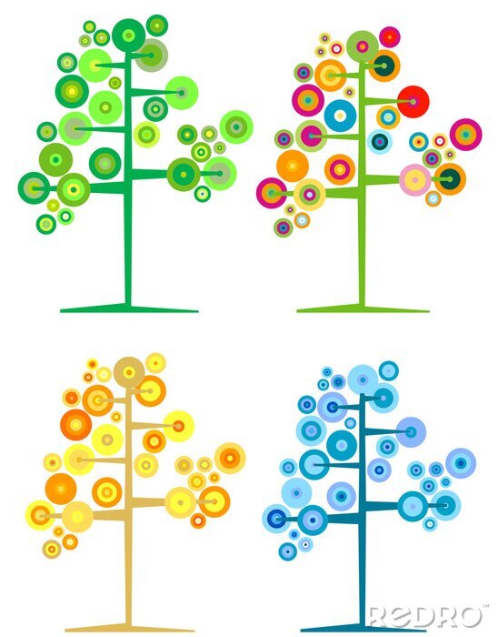 Sticker  Quatre illustrations colorées de graphiques d'arbres minimalistes