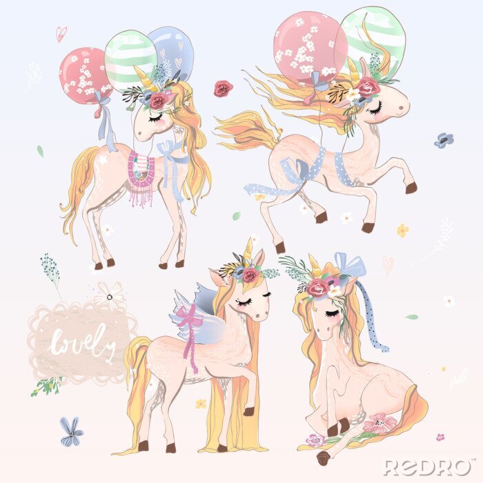 Sticker  Quatre licornes dans différentes poses et ballons