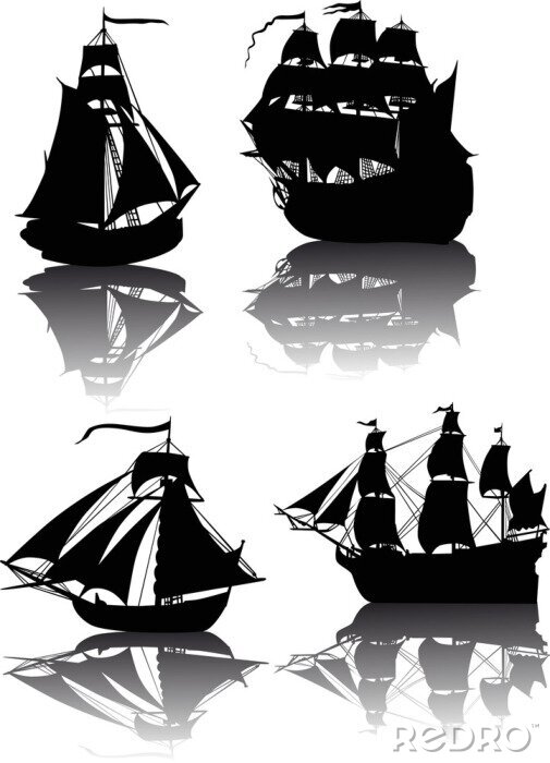 Sticker  quatre navires avec des réflexions isolées sur blanc