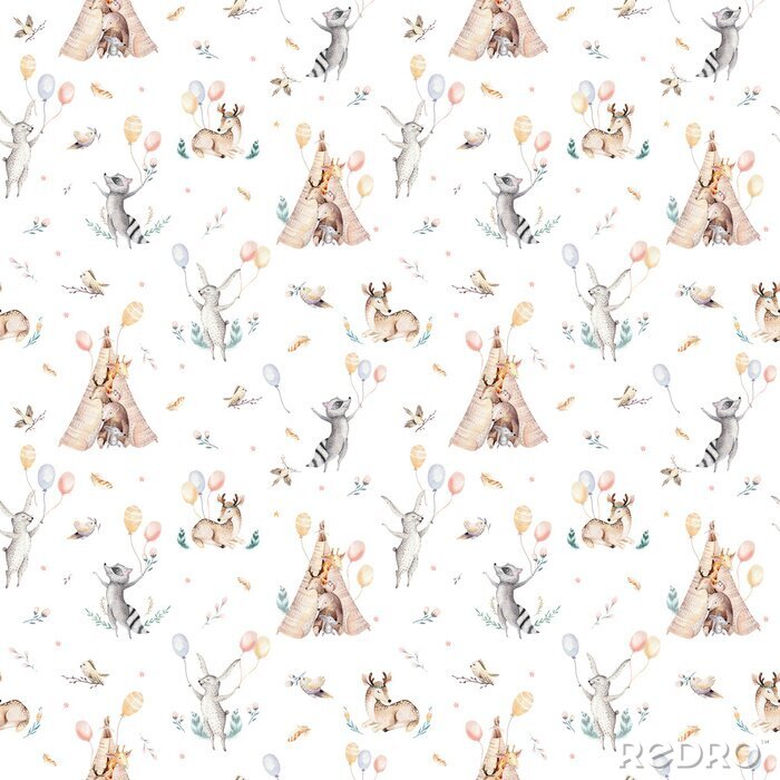 Sticker  Raccon mignon de bébé de famille, cerf et lapin. girafe de pépinière animale et ours isolé illustration. Aquarelle boho raccon dessin pépinière modèle sans couture. Fond d'enfants, impression de crèch