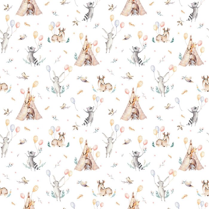 Sticker  Raccon mignon de bébé de famille, cerf et lapin. girafe de pépinière animale et ours isolé illustration. Aquarelle boho raccon dessin pépinière modèle sans couture. Fond d'enfants, impression de crèch