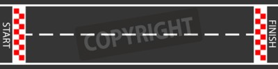 Sticker  raster illustration of finish line racing background top view.  Start or finish on kart race. Asphalt road.