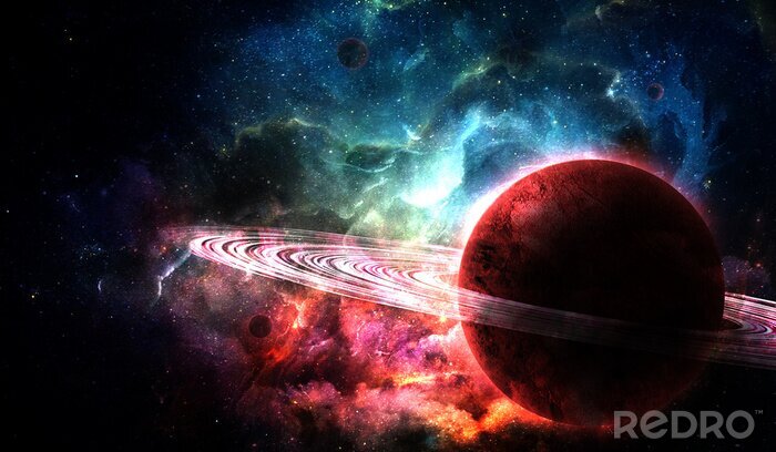Sticker  red planet from space and bright color nebula in the night sky, abstract space illustration