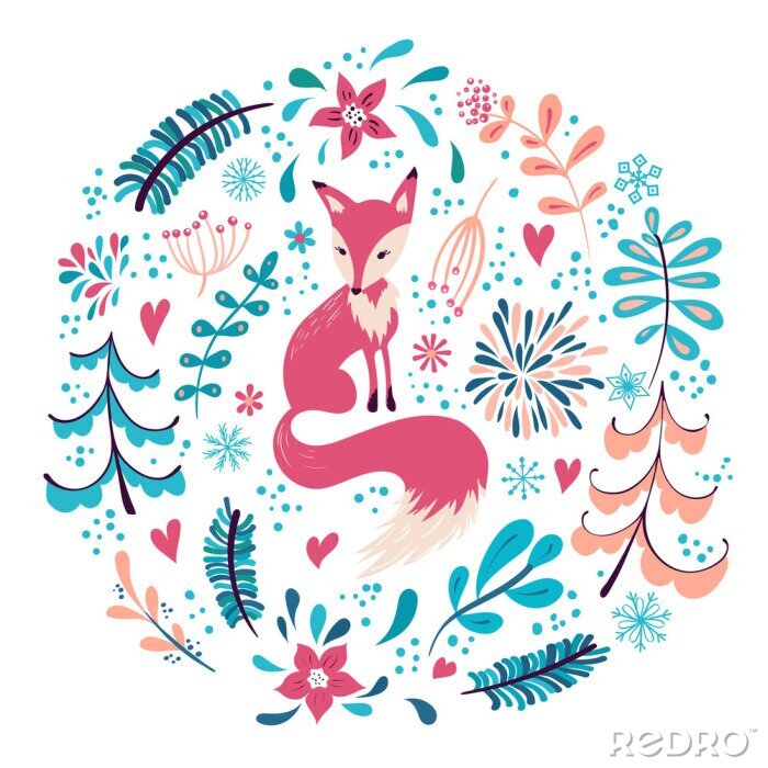 Sticker  Renard assis près de plantes colorées