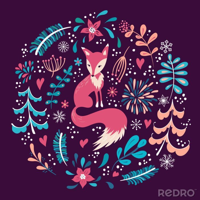 Sticker  Renard entre des plantes sur fond bordeaux