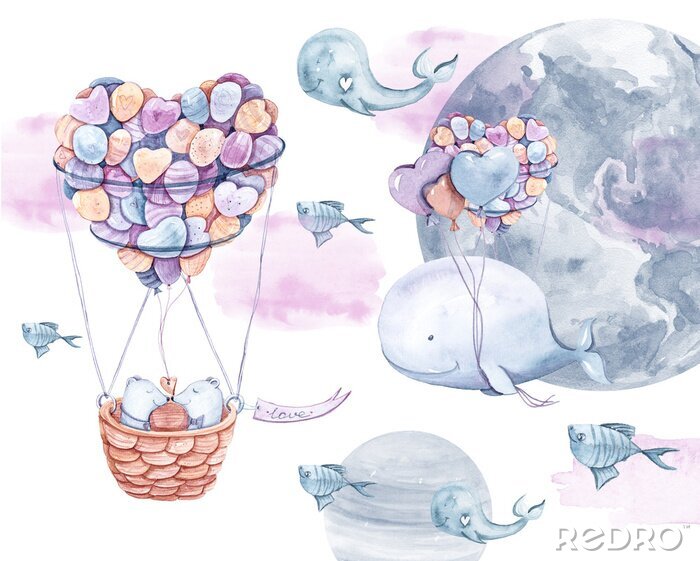 Sticker  Renard mignon et lapin volant dans un ballon de lune