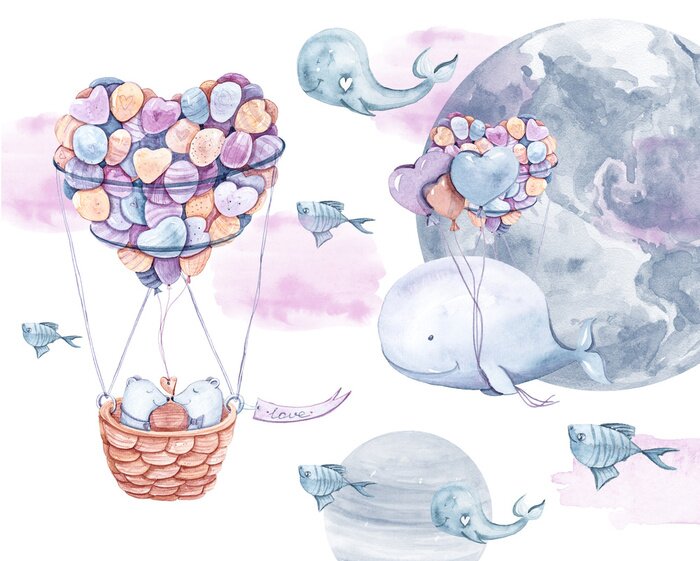 Sticker  Renard mignon et lapin volant dans un ballon de lune