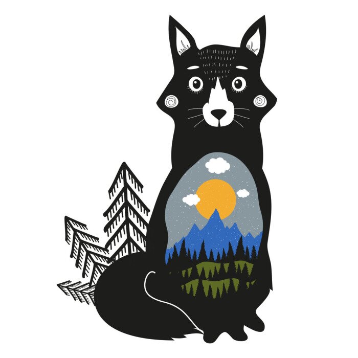 Sticker  Renard, montagnes bleues, forêt de pins noirs, collines verdoyantes, nuages, soleil et neige.