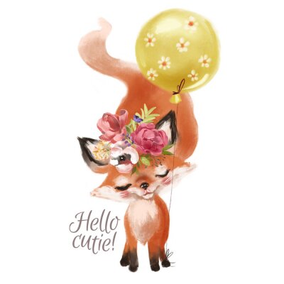 Sticker  Renard princesse bébé dessiné main mignon avec couronne florale, bouquet, fleurs et ballon