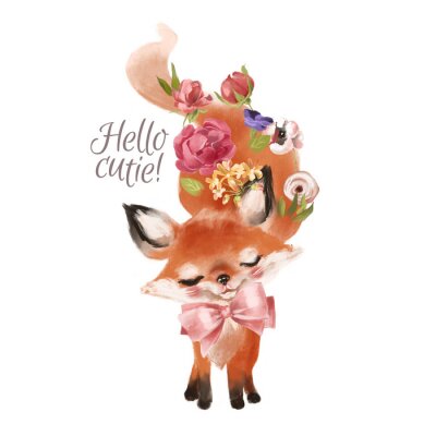 Sticker  Renard princesse bébé dessiné main mignon avec couronne florale, bouquet, fleurs et noeud attaché