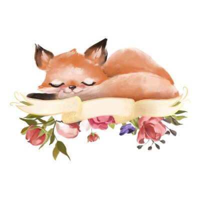 Sticker  Renard princesse bébé dessiné main mignon avec couronne florale, bouquet, fleurs et sarcelle