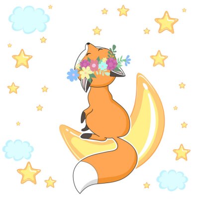 Sticker  Renard roux mignon dans une couronne de fleurs