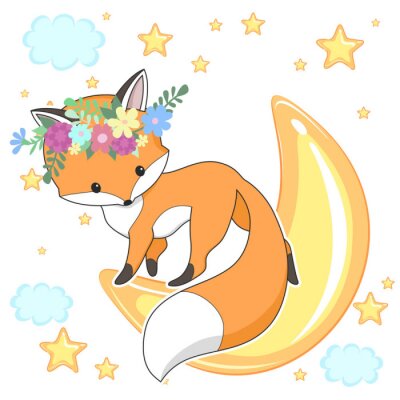 Sticker  Renard roux mignon dans une couronne de fleurs