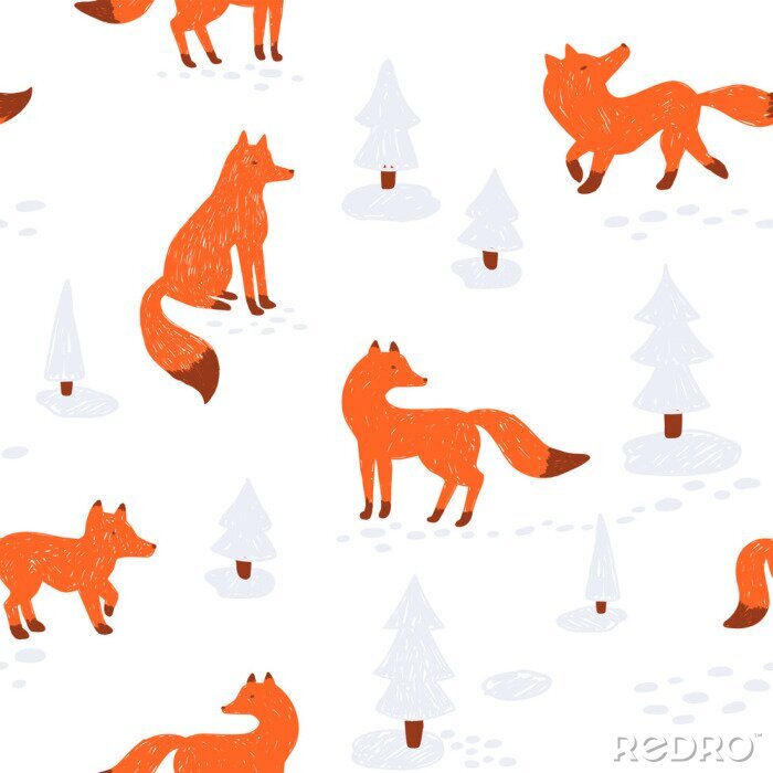 Sticker  Renards de la forêt et sapins de Noël enneigés