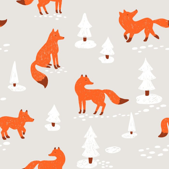 Sticker  Renards et sapins de Noël enneigés sur fond gris