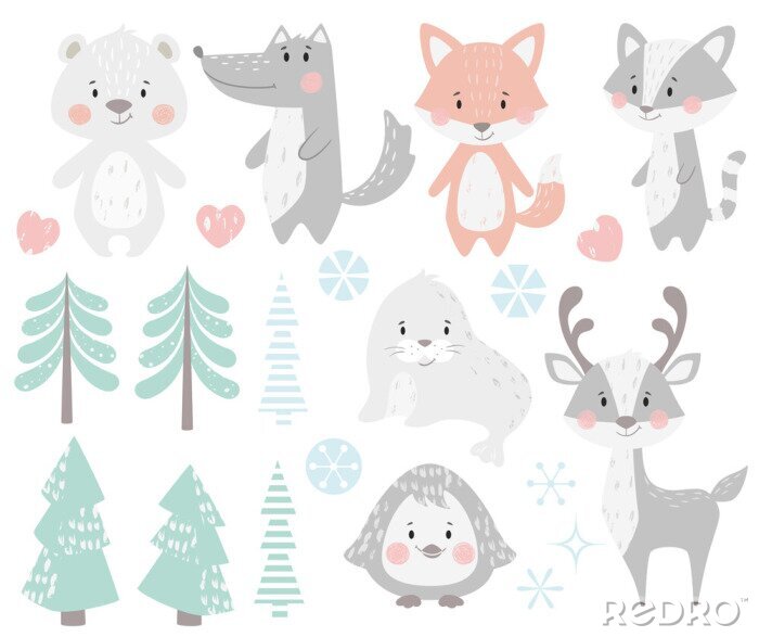 Sticker  Renne, raton laveur, phoque, loup, pingouin, ours, jeu d'hiver bébé renard.