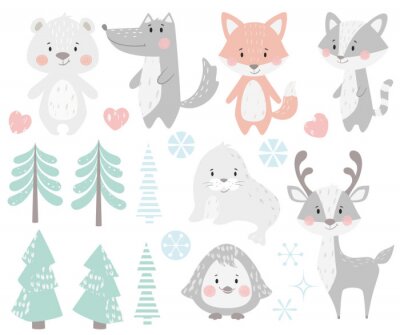 Sticker  Renne, raton laveur, phoque, loup, pingouin, ours, jeu d'hiver bébé renard.