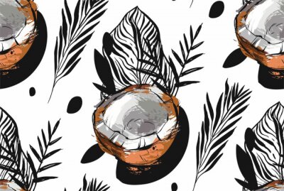Sticker  Résumé dessiné à la main modèle inhabituel sans soudure avec des fruits tropicaux exotiques feuilles de palmier de fourmi de noix de coco isolées sur fond blanc.