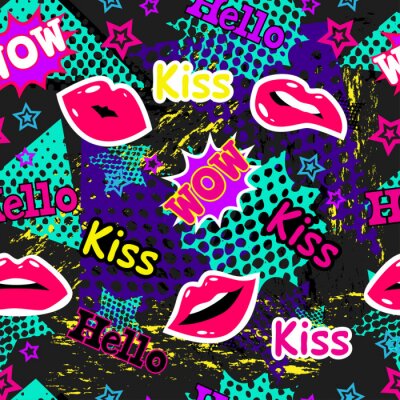 Sticker  Résumé, seamless, modèle, girl, Garçon Creative coloré fond d'écran avec des bandes dessinées d'art Pop bulles, nuages, mots. Grunge urbain de fond pour le textile, la mode, les vêtements de sport. Bl