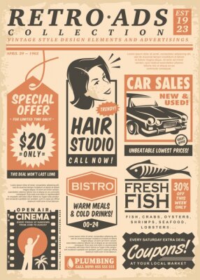 Sticker  Retro newspaper ads collection on old paper texture. Vector illustration.