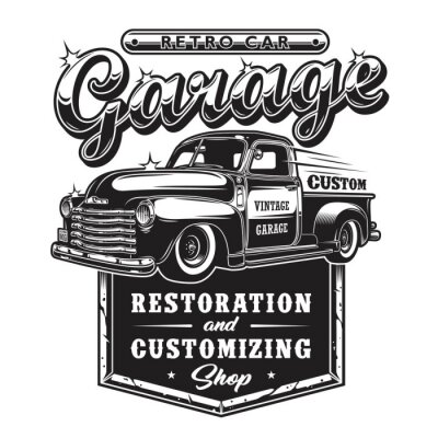 Sticker  Rétro signe de garage de réparation de voiture avec camion de style rétro. Boutique de restauration personnalisée.