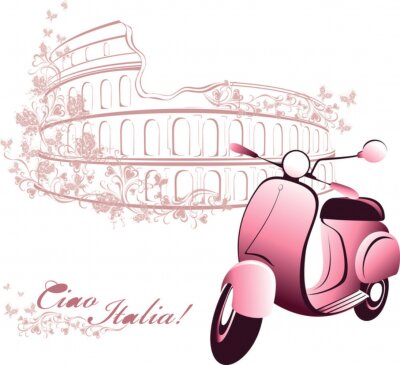 Sticker  Rétro Voyage de carte de l'Italie. Scooter vintage et Colisée de Rome