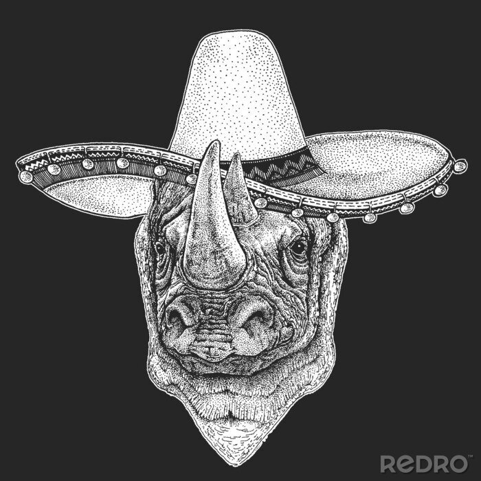 Sticker  Rhinoceros, rhino portrait. Sombrero is traditional mexican hat. Mexico. Head of wild animal.
