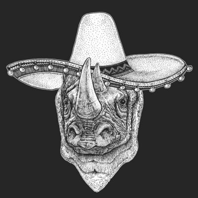 Sticker  Rhinoceros, rhino portrait. Sombrero is traditional mexican hat. Mexico. Head of wild animal.