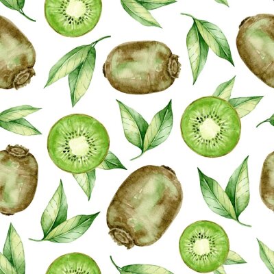 Sticker  Ripe juicy kiwi fruit with slices seamless pattern. Hand drawn watercolor exotic fruits wallpaper. Kiwi, green leaves.