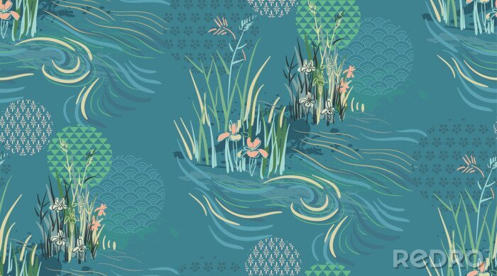 Sticker  Rivière avec des fleurs de style oriental