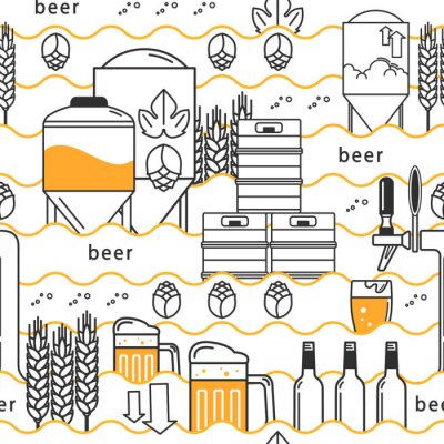 Robinet de bière, tasse, verre avec bière, fûts, bouteilles, équipement pour brasserie, houblon, blé. Modèle linéaire transparent sur fond blanc. Illustration vectorielle.