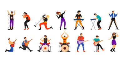 Sticker  Rock musicians flat vector illustrations set. Music band members. Guitarists, drummers, lead vocalists, keyboardists. People playing musical instruments. Isolated cartoon characters