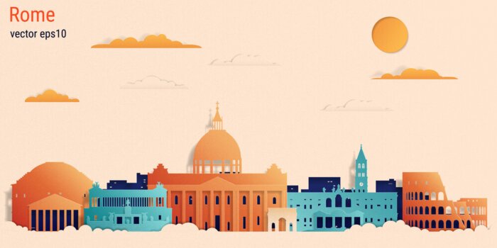 Sticker  Rome city colorful paper cut style, vector stock illustration. Cityscape with all famous buildings. Skyline Rome city composition for design.