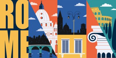 Sticker  Rome, Italy vector banner, illustration. City skyline, historical buildings in modern flat design