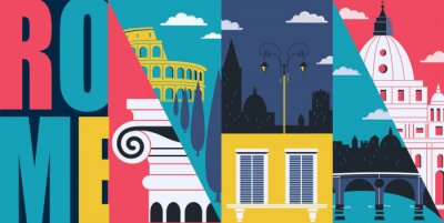 Sticker  Rome, Italy vector banner, illustration. Cityscape, historical landmarks in modern flat design