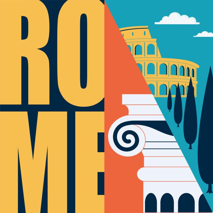 Sticker  Rome, Italy vector illustration, postcard. Travel to Rome modern flat graphic design element