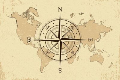 Sticker  Rose des vents sur le fond de la carte du monde