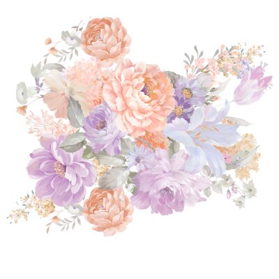Sticker  Roses, peony flowers and various other watercolor flowers and butterflies