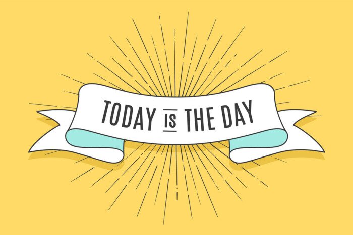 Sticker  Ruban à la mode vintage avec texte Aujourd'hui est le jour et le dessin linéaire des rayons du soleil. Bannière ancienne colorée avec ruban, élément dessiné à la main pour la conception - bannières, a