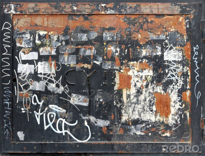 Sticker  rusty and damaged metal square with frame, graffiti and old stickers peeled off