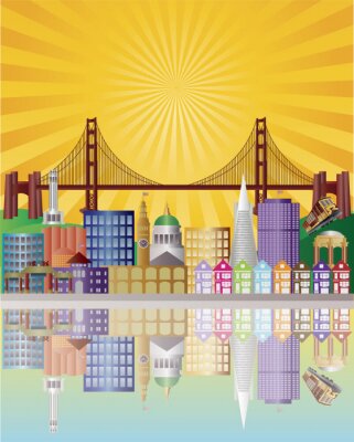 Sticker  San Francisco City Skyline at Sunrise Illustration
