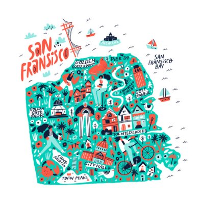 Sticker  San Francisco creative travel map flat hand drawn illustration. American state tourist landmarks and famous places names lettering and doodle drawings. USA tourism poster cartoon concept