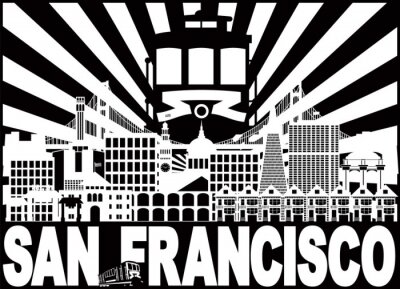 Sticker  San Francisco Skyline Trolley et rayons de soleil avec texte vecteur Illustration