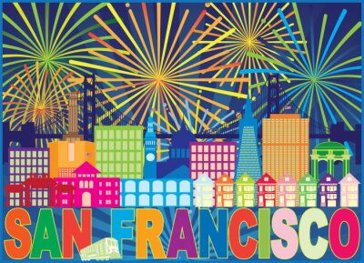 San Francisco Skyline Trolley Fireworks Couleur Vecteur Illustration