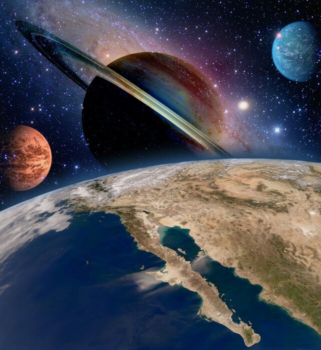 Sticker  Saturne et la Terre dans le système solaire