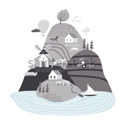 Sticker  Scandinavian landscape. Hand drawn vector abstract scandinavian graphic illustration with houses, trees and hills. Cute landscape.